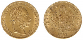 Austria - Empire - Franz Joseph I (1848-1916) - 8 Florins 20 Francs 1882 (KM2269, Her.241, Fr.502) - Obv: Laureate head right / Rev: Crowned double he...