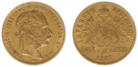 Austria - Empire - Franz Joseph I (1848-1916) - 8 Florins 20 Francs 1887 (KM2269, Her.246, Fr.502) - Obv: Laureate head right / Rev: Crowned double he...
