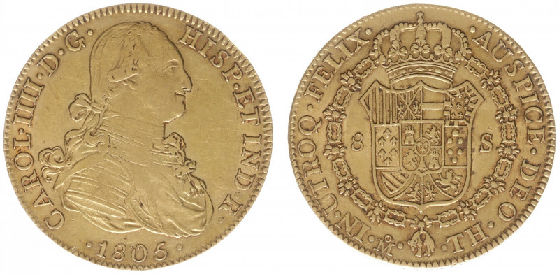 Mexico - First Republic - 8 Escudos 1805-TH (KM159, Fr.43) - Obv: Armored and dr...