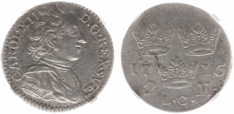 Sweden - Carl XII (1697-1718) - 2 Mark 1716-LC (KM339, Ahl.77b) - Obv: Bust righ...