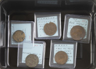 Arabian Empires - Morocco AE 2 falus AH1310 Fs (KM2) and AE 5 muzanas AH1321 (1903) Pa (KM16.3); added Samanid AE fals AH320, AH363 and nd. (A-1441)