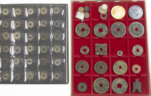 China - Lindner tray with a mixed lot of various charms or amulets (28) incl. erotic charm; few immitations of multiple cash coins; medals incl. coron...