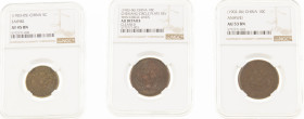 China - Lot with 3 Chinese copper coins, all in NGC slabs: Chekiang10 Cash nd. (1903-06) (KM49) variety circle plate rev., thin circle lines (AU Detai...