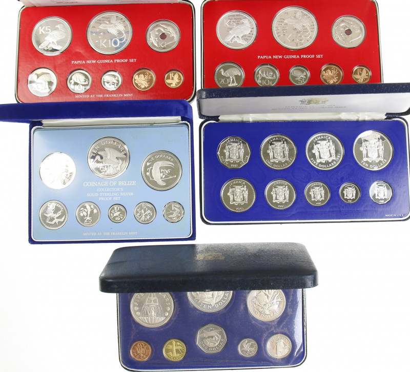 World coins - Box with Proofsets Barbados 1974, 2x Papua New Guina 1976, Jamaica...