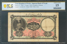 IRAN. 1 Toman. 1928. Imperial Bank. Payable at Teheran only. (Pick: 11). Rare. Choice Fine. PCGS15 (internal tear).