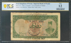 IRAN. 2 Toman. 1926. Imperial Bank. Payable at Abadan only (handstamped) and black serial number. (Pick: 12). Very rare. Fine. PCGS12 (splits).