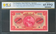 IRAN. 20 Rials. 1932 (SH 1311). National Bank. SPECIMEN, with perforations. (Pick: 20s). Gem Uncirculated. PCGS65PPQ.
