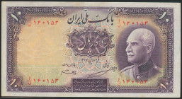 IRAN. 10 Rials. 1938 (SH 1317). National Bank. Persian texts and numerals, with blue overprint (1321). (Pick: 33Ad). Rare. Very Fine+.