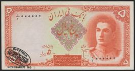 IRAN. 5 Rials. 1944. De La Rue Specimen, numbered 1/1 000000, Specimen Nº7. (Pick: 39s). Extremely Rare. Uncirculated.