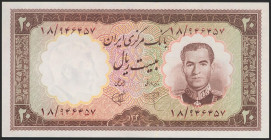 IRAN. 20 Rials. 1961 (SH 1340). National Bank. Signatures: Shoali and Kashani, dark red serial number. (Pick: 72). Uncirculated.
