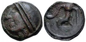Celtic, Central Gaul. Sequani Cast Unit circa 100-50, billon 20.40 mm., 5.99 g.
Diademed celticized head l., wearing torques. Rev. Horned horse l. DT...
