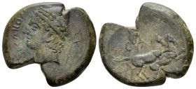 Campania , Aesernia Bronze circa 263-240, Æ 22.60 mm., 7.91 g.
Head of Vulcan l., wearing pilos; tongs to r. Rev. Jupiter in biga galloping r.; above...