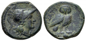 Apulia, Teate Uncia circa 225-200, Æ 17.50 mm., 4.41 g.
Helmeted head of Athena r. Rev. Owl standing r., head facing; in l. field, pellet. Historia N...