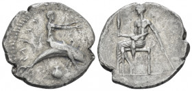 Calabria, Tarentum Nomos circa 450-440, AR 22.40 mm., 7.93 g.
 TAPAS retrograde Phalantus on dolphin r., with outstretched arms; below, shell. Rev. T...