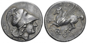 Sicily, Syracuse Stater circa 317-305 BC, AR 21.70 mm., 8.72 g.
 Helmeted head of Athena right; trophy to l. Rev. Pegasus flying l.; below, triskeles...