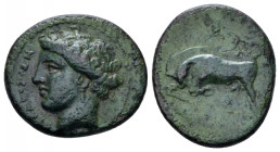 Sicily, Syracuse Bronze circa 317-310, &AElig; 17.90 mm., 3.13 g.
 Head of Persephone l. Rev. Bull butting l. Calciati 107. SNG ANS 603
 &nbsp; Nice...