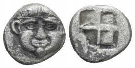 Macedonia, Neapolis Obol V century BC,, AR 8.80 mm., 0.74 g.
Neapolis. Obol V century BC, AR 0.74 g. Gorgoneion facing. Rev. Quadripartite incuse squ...