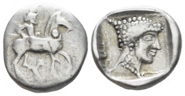 Macedonia, Potidaea Tetrobol 480, AR 14.70 mm., 2.84 g.
 Poseidon Hippios on horseback advancing r. and carrying trident. On the neck of the horse, d...