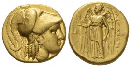 Kingdom of Macedon, Alexander III, 336-323 Lampsacus Stater 328-323, AR 17.50 mm., 8.50 g.
 Head of Athena r., wearing crested Corinthian helmet, dec...