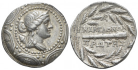 Macedon under the Romans, Amphipolis Tetradrachm circa 167-149, AR 30.50 mm., 16.85 g.
Bust of Artemis r. on shield. Rev. Club and three monograms. A...