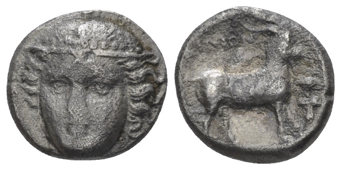 Thrace, Aenus Diobol circa 385-383, AR 12.00 mm., 2.29 g.
Facing head of Hermes...