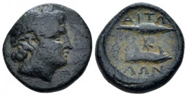 Aetolia, Aetolian League Bronze circa 211-196, Æ 19.00 mm., 6.19 g.
Laureate male head r. Rev. Spearhead, grape bunch and jawbone of boar; star and m...
