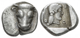Phocis, Phocis Triobol V century BC, AR 14.00 mm., 2.86 g.
 Frontal bull&rsquo;s head. Rev. Artemis to r. in incuse square. Williams 4. BCD 462.1 (th...