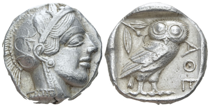 Attica, Athens Tetradrachm After 449, AR 23.00 mm., 17.17 g.
Head of Athena r.,...