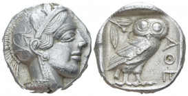 Attica, Athens Tetradrachm After 449, AR 23.00 mm., 17.17 g.
Head of Athena r., wearing Attic helmet decorated with olive leaves and palmette. Rev. O...