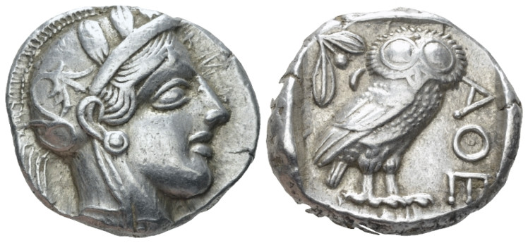 Attica, Athens Tetradrachm After 449, AR 24.10 mm., 17.22 g.
Head of Athena r.,...