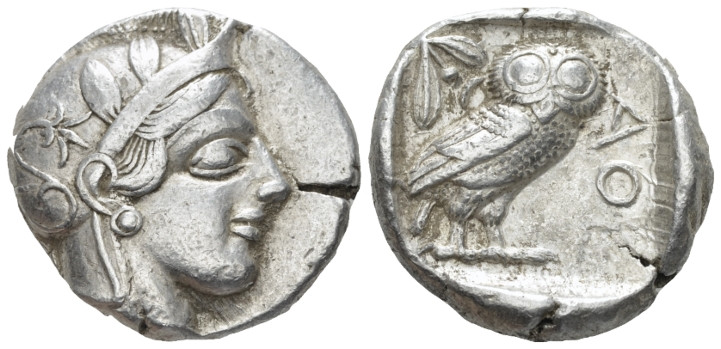 Attica, Athens Tetradrachm after 449 BC, AR 24.70 mm., 17.14 g.
 Head of Athena...