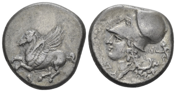 Corinthia, Corinth Stater circa 345-307, AR 20.80 mm., 8.43 g.
 Pegasus flying ...