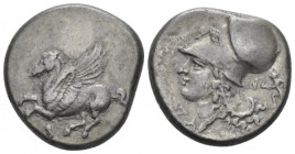 Corinthia, Corinth Stater circa 345-307, AR 20.80 mm., 8.43 g.
 Pegasus flying left; below, Q. Rev. Head of Athena left, wearing Corinthian helmet; b...