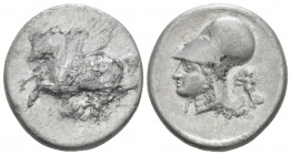 Corinthia, Corinth Stater circa 375-300 BC, AR 22.80 mm., 8.05 g.
 Pegasus flying l.. Rev. Head of Athena l., wearing Corinthian helmet; before neck,...