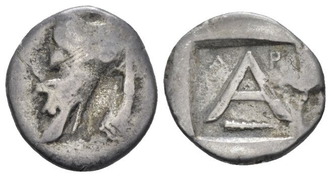 Argolis, Argos Tetrobol circa 343-146, AR 14.10 mm., 2.32 g.
Forepart of wolf l...
