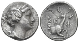 Ionia, Ephesus Didrachm circa 258-202, AR 19.00 mm., 6.29 g.
Bust of Artemis r. Rev. Forepart of stag r., head l.; in r. field, bee. BMC 105 var. (di...