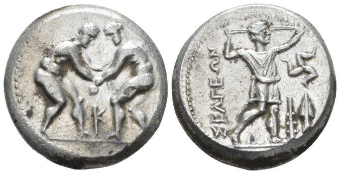 Pisidia, Selge Stater circa 350-325, AR 23.20 mm., 10.41 g.
 Two wrestlers grap...