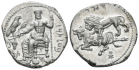Cilicia, Mazaios 361-344 Tarsos Stater circa 361-344, AR 22.60 mm., 10.74 g.
B'ltrz in Aramaic characters Baaltars seated l., holding bunch of grapes...