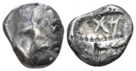 Phoenicia, Uncertain king Aradus Third shekel circa 420-400, 13.30 mm., 2.45 g.
Laureate head of Ba'al-Arwad r. Rev. Galley r., Pataikos on prow, abo...