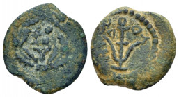 Judaea, Herod II Archelaos. 4 BC- AD 6 Jerusalem Prutah 4 BC - AD 6, Æ 14.90 mm., 1.60 g.
Anchor. Rev. Legend within wreath. Hendin 1193. RPC I 4913....