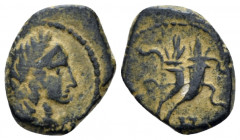 Kings of Nabathaea, Aretas IV, 9 BC-AD 40 Petra Bronze circa 9 BC - AD 40, Æ 14.70 mm., 2.00 g.
Laureate head r.; in r. field, heth (Aramaic). Rev. D...