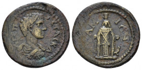 Ionia, Samos Geta Caesar, 198-209. Bronze circa 198-209, Æ 20.00 mm., 4.40 g.
Draped and cuirassed bust r. Rev. CAMIΩN Cult statue of Artemis Ephesia...