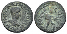 Pisidia, Cremna Hostilian, 251 Bronze circa 251, Æ 17.70 mm., 3.69 g.
Bare-headed, draped and cuirassed bust r. Rev. Apollo advancing r., with quiver...