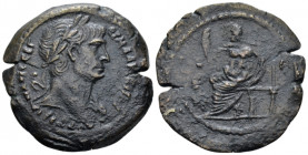Egypt, Alexandria Trajan, 98-117 Drachm circa 112-113 (year 16), Æ 35.00 mm., 16.79 g.
Laureate bust r., aegis on l. shoulder. Rev. Zeus seated, l., ...