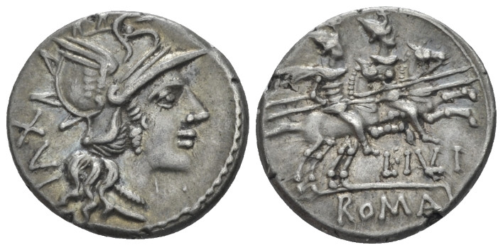 L. Iulius. Denarius circa 141, AR 18.70 mm., 3.51 g.
Helmeted head of Roma r.; ...