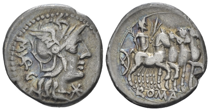 M. Vargunteius. Denarius circa 130, AR 19.50 mm., 3.87 g.
Helmeted head of Roma...