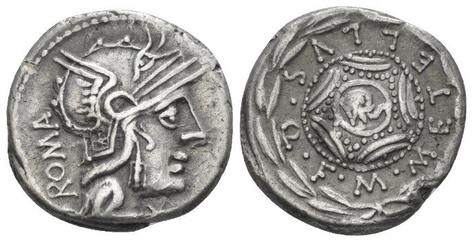 M. Caecilius Q.f. Q.n. Metellus. Denarius circa 127, AR 17.20 mm., 3.85 g.
Helm...
