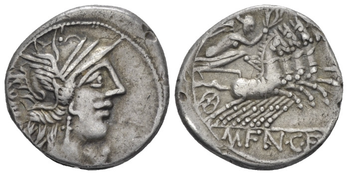 M. Faniuns C.f. Denarius circa 123, AR 17.70 mm., 3.90 g.
Helmeted head of Roma...