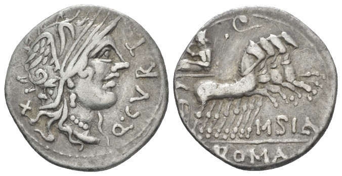 Q. Curtius and M. Silanus. Denarius 116 or 115, AR 19.20 mm., 3.89 g.
Q·CVRT He...