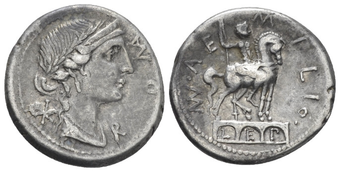 Man. Aemilius Lepidus. Denarius 114 or 113, AR 18.80 mm., 3.92 g.
ROMA Laureate...